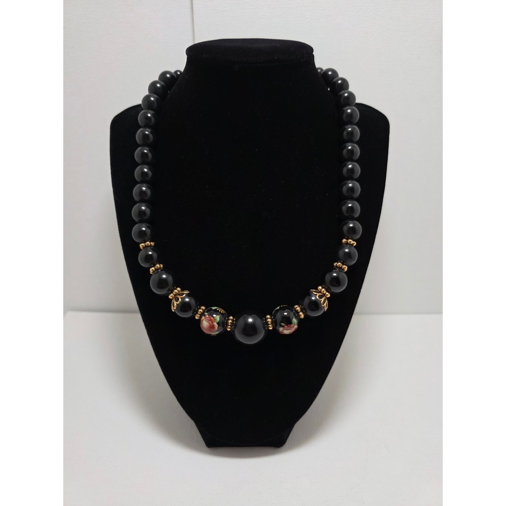 Vintage Cloisonne Beaded Necklace Black Gold Tone Floral 19 Inch Statement